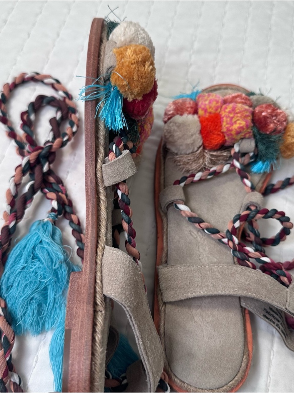 NWOB Free People Multicolor Pom-Pom Wrap Lace-Up Sandals - Picture 11 of 13